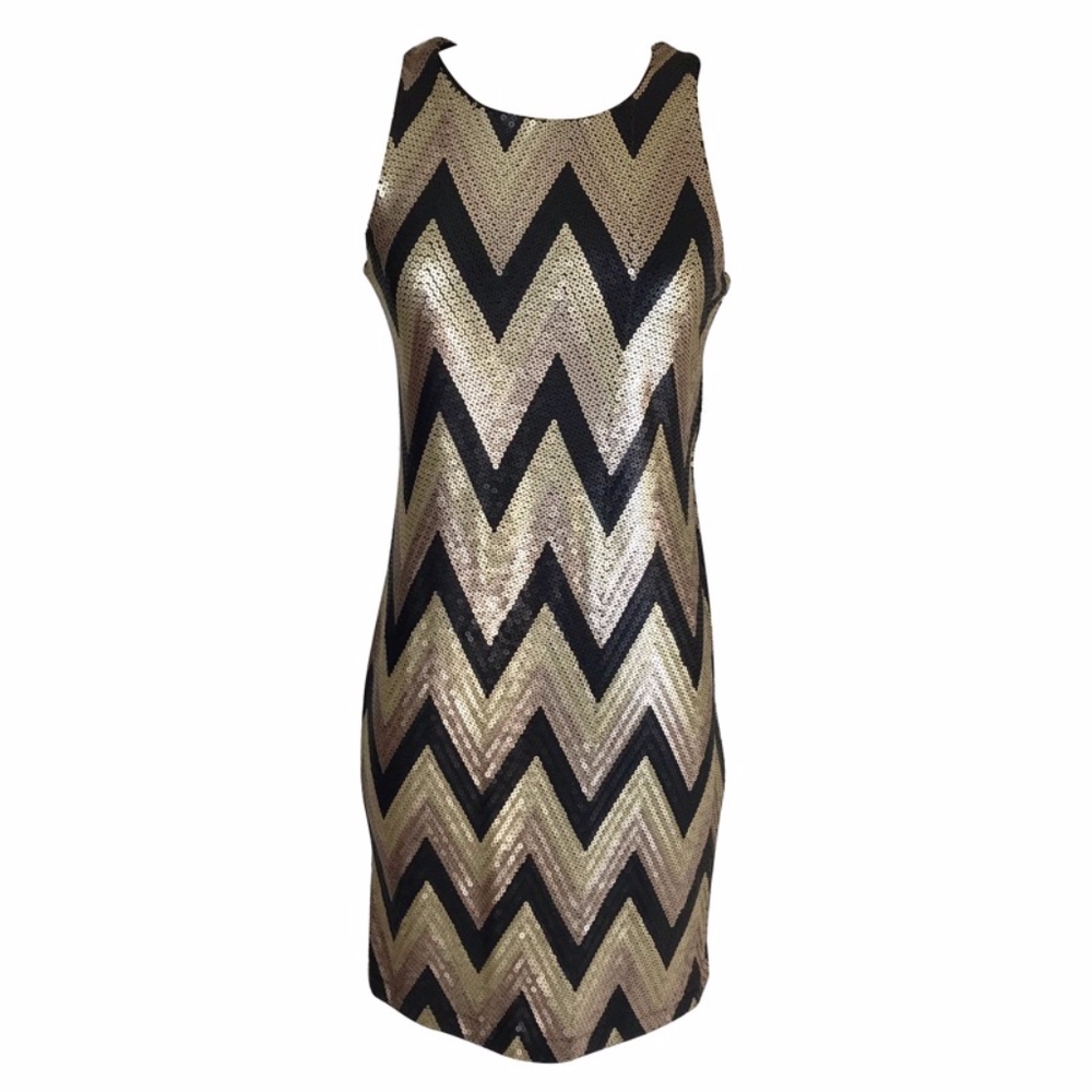 Cocktail Dress Gold Bronze Black Sequin Chevron